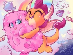 Size: 1024x768 | Tagged: safe, artist:oofycolorful, smolder, oc, oc:fluffle puff, dragon, g4, candy, cloud, cup, cute, duo, eyes closed, female, flufflebetes, food, heart, hug, rainbow, smolderbetes, teacup, teapot, tongue out