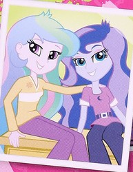 Size: 617x801 | Tagged: source needed, safe, princess celestia, princess luna, principal celestia, vice principal luna, equestria girls, wondercolts forever, alternate clothes, clothes, cropped, cutie mark, cutie mark on clothes, female, hand on shoulder, photo, royal sisters, siblings, sisters, sitting, smiling, young celestia, young luna, younger