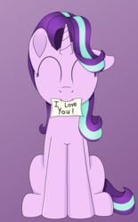 Size: 1208x1945 | Tagged: safe, artist:noosa, starlight glimmer, pony, unicorn, bronybait, cute, female, glimmerbetes, gradient background, i love you, mare, note, sitting, smiling, solo