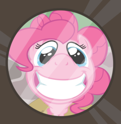 Size: 981x1000 | Tagged: safe, artist:phucknuckl, pinkie pie, earth pony, pony, fluttershy leans in, g4, big smile, character swap, door, female, fisheye lens, inkscape, mare, peephole, solo, vector