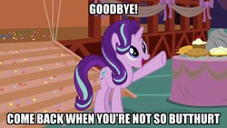 Size: 1280x720 | Tagged: safe, edit, edited screencap, screencap, starlight glimmer, pony, unicorn, g4, the maud couple, balloon, butthurt, caption, decoration, female, food, goodbye, hater, hooves, image macro, mare, meme, party, pie, reaction image, ribbon, streamers, waving