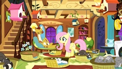 Size: 1920x1080 | Tagged: safe, screencap, clementine, fluttershy, bird, ferret, giraffe, mouse, pegasus, pony, rabbit, raccoon, rodent, squirrel, g4, yakity-sax, basket, bird house, cloven hooves, duckling, female, mare, sleeping