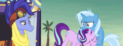 Size: 1280x480 | Tagged: safe, edit, edited screencap, screencap, hoo'far, starlight glimmer, trixie, pony, saddle arabian, unicorn, g4, road to friendship, animated, clothes, coconut tree, cropped, female, frown, gif, goggles, grumpy, male, mare, messy mane, no, not happy, palm tree, stallion, tree, trixie is not amused, trixie's wagon, unamused, wagon