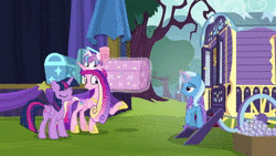 Size: 1280x720 | Tagged: safe, screencap, princess cadance, princess flurry heart, starlight glimmer, trixie, twilight sparkle, alicorn, pony, unicorn, g4, road to friendship, animated, baby, baby pony, cape, chemistry, chest, clothes, compliment, female, friendship, levitation, magic, mare, ponyville, sound, stage, telekinesis, tree, trixie's cape, trixie's wagon, trunk, twilight sparkle (alicorn), wagon, webm