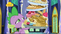 Size: 512x288 | Tagged: safe, screencap, spike, twilight sparkle, alicorn, dragon, pony, father knows beast, g4, animated, apple, apple pie, bump, cake, claws, comments locked down, cupcake, debate in the comments, dessert, egg, food, gif, logo, muffin, nick jr., pie, spike running into twilight's rear, twilight sparkle (alicorn), winged spike, wings