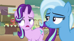 Size: 1280x720 | Tagged: safe, screencap, starlight glimmer, trixie, earth pony, pony, unicorn, g4, road to friendship, animated, background pony, female, food, frown, fruit, glare, glowpaz, gritted teeth, male, mare, pancakes, smiling, somnambula (location), sound, stallion, stand, unsure, webm