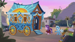 Size: 1280x720 | Tagged: safe, screencap, starlight glimmer, trixie, pony, unicorn, g4, road to friendship, angry, animated, bruised, caravan, clueless, crying, duo, female, floppy ears, glare, hoo'far's wagon, mare, messy mane, morning, oasis, palm tree, pure unfiltered evil, robes, sad, shocked, smiling, somnambula (location), sound, tree, tree branch, upset, webm