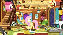 Size: 1920x1080 | Tagged: safe, screencap, clementine, fluttershy, bird, ferret, giraffe, mouse, pegasus, pony, rabbit, raccoon, rodent, squirrel, g4, yakity-sax, animal, bird house, cloven hooves, duckling, female, fluttershy's cottage, mare, sleeping