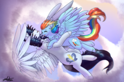 Size: 965x645 | Tagged: safe, artist:malinraf1615, rainbow dash, soarin', pegasus, pony, g4, chest fluff, cloud, ear fluff, eyes closed, female, floppy ears, flying, happy, hug, large wings, male, mare, open mouth, ship:soarindash, shipping, smiling, stallion, straight, wings