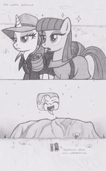 Size: 912x1467 | Tagged: safe, artist:lockerobster, maud pie, pinkie pie, rarity, earth pony, pony, unicorn, g4, australia, ayers rock, clothes, comic, darling, dialogue, female, mare, monochrome, outback, psssdwr, rock, sparkles, this will end in bad luck, this will end in haunting, this will end in tears, uluru