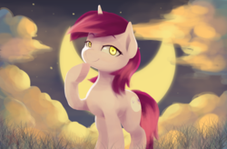 Size: 3500x2300 | Tagged: safe, artist:stardep, oc, oc only, pony, unicorn, cloud, crescent moon, cute, female, grass, high res, looking at you, mare, moon, night, smiling, solo