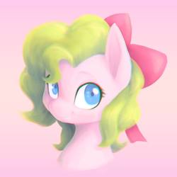 Size: 1521x1521 | Tagged: safe, artist:stardep, oc, oc only, pony, bow, cute, hair bow, looking at you, pink background, simple background, smiling, solo