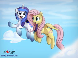 Size: 5000x3750 | Tagged: safe, artist:stardep, fluttershy, oc, oc only, alicorn, pegasus, pony, g4, cloud, cute, duo, ear piercing, female, looking at each other, mare, open mouth, piercing, sky