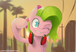 Size: 2500x1740 | Tagged: safe, artist:stardep, oc, oc only, oc:candy mena, pony, female, headphones, mare, one eye closed, sky, solo, tree, wink