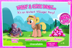 Size: 795x528 | Tagged: safe, gameloft, sigrid, earth pony, pony, g4, my little pony: magic princess, advertisement, costs real money, cute, female, gem, introduction card, mare, sale, solo, statue, unavailable