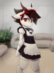 Size: 1700x2290 | Tagged: safe, artist:stardep, oc, oc only, goat pony, semi-anthro, bow, bowtie, clothes, couch, female, maid, plant, socks, solo, thigh highs