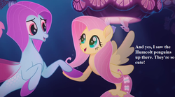Size: 1215x675 | Tagged: safe, edit, edited screencap, editor:korora, screencap, fluttershy, salina blue, seapony (g4), g4, my little pony: the movie, cropped, cute, seaponified, seapony fluttershy, seaquestria, shyabetes, species swap, text