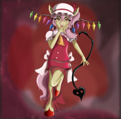 Size: 619x610 | Tagged: safe, artist:nightveil, artist:nightveilnocturne, fluttershy, vampire, anthro, unguligrade anthro, g4, abstract background, crystal, fangs, female, flandershy, flandre scarlet, red background, red eyes, simple background, slit pupils, solo, touhou, wings