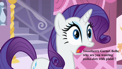 Size: 896x512 | Tagged: safe, edit, edited screencap, editor:korora, screencap, rarity, pony, unicorn, a dog and pony show, g4, carousel boutique, cropped, female, full name, implied sweetie belle, mare, open mouth, shocked, text