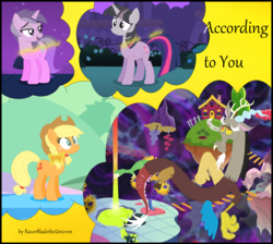 Size: 1292x1159 | Tagged: safe, artist:razorbladetheunicron, amethyst star, applejack, discord, sparkler, twilight sparkle, lateverse, g4, alternate cutie mark, alternate hairstyle, alternate universe, base used, braided pigtails, cover art, cutie mark, discord's house, discorded, discorded twilight, group, magic