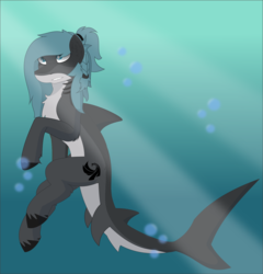 Size: 1377x1434 | Tagged: safe, artist:longct18, oc, oc only, oc:riptide, original species, shark pony, braid, solo, underwater