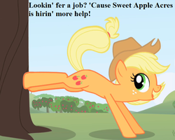 Size: 740x592 | Tagged: safe, edit, edited screencap, editor:korora, screencap, applejack, g4, apple tree, applebucking, applejack's hat, bronybait, cowboy hat, cropped, cute, hat, jackabetes, job offer, opening theme, smiling, text, tree