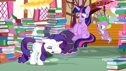 Size: 1920x1080 | Tagged: safe, screencap, rarity, spike, twilight sparkle, alicorn, dragon, pony, g4, yakity-sax, book, clothes, dress, magic, marshmelodrama, twilight sparkle (alicorn), winged spike, wings