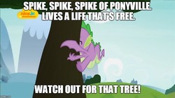Size: 888x499 | Tagged: safe, edit, screencap, spike, dragon, father knows beast, g4, george of the jungle, image macro, logo, male, meme, nick jr., nickelodeon, parody, tree, winged spike, wings