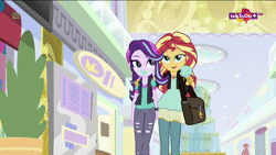 Size: 1024x576 | Tagged: safe, edit, screencap, starlight glimmer, sunset shimmer, twilight sparkle, alicorn, equestria girls, equestria girls specials, father knows beast, g4, mirror magic, animated, bag, beanie, clothes, female, food, geode of empathy, hat, heartbreak, hug, ice cream, ice cream cone, lesbian, logo, messy eating, nick jr., no sound, reaction image, ship:shimmerglimmer, ship:sunsetsparkle, ship:twistarlight, shipping, talking, teletoon, twilight sparkle (alicorn), walking, webm, x-ray, x-ray picture