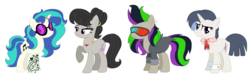 Size: 1494x450 | Tagged: safe, artist:fandom-crockpot, artist:mlpfangirl17, artist:selenaede, dj pon-3, octavia melody, vinyl scratch, oc, oc:nuance harmoney, oc:sawtooth vibe, earth pony, pony, unicorn, icey-verse, g4, alternate hairstyle, base used, clothes, ear piercing, earring, family, female, glasses, hair bun, horn, horn ring, jacket, jewelry, leather jacket, lesbian, magical lesbian spawn, mare, mother and daughter, necklace, next generation, offspring, parent:octavia melody, parent:vinyl scratch, parents:scratchtavia, piercing, ring, ship:scratchtavia, shipping, simple background, sisters, tattoo, unamused, vinyl's glasses, wedding ring, white background