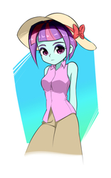 Size: 600x959 | Tagged: safe, artist:twilite-sparkleplz, sunny flare, equestria girls, g4, arm behind back, clothes, female, hat, looking at you, skirt, solo, sun hat, vest