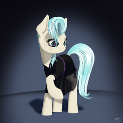 Size: 2550x2550 | Tagged: safe, artist:styroponyworks, coco pommel, earth pony, pony, g4, alternate hairstyle, black dress, clothes, dress, female, high res, mare, smiling, solo