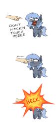 Size: 540x1200 | Tagged: safe, artist:glimglam, oc, oc only, oc:panne, bat pony, pony, angry, animated, boop, booped, chibi, comic, derp, dialogue, disembodied hand, duo, explosion, faic, female, hand, heck, if you boop a pony it explodes, mare, non-consensual booping, open mouth, screaming, scrunchy face, simple background, solo focus, speech bubble, spread wings, tongue out, vibrating, white background, wings