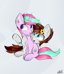 Size: 2000x2300 | Tagged: safe, artist:starmaster, oc, oc only, oc:becca, oc:gadassi dash, pegasus, pony, unicorn, cute, duo, female, high res, hugs needed, lesbian, mare, shipping, smiling, tongue out