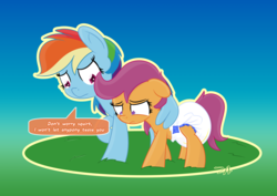 Size: 1810x1280 | Tagged: safe, artist:zalakir, rainbow dash, scootaloo, pegasus, pony, g4, abstract background, cute, cutealoo, dashabetes, dialogue, diaper, diaper fetish, duo, duo female, female, fetish, non-baby in diaper, poofy diaper, protecting, scootalove, speech bubble