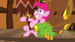 Size: 1280x720 | Tagged: safe, screencap, pinkie pie, g4, yakity-sax, musical instrument, panting, performance, power slide, puffed chest, smiling, yovidaphone