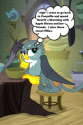 Size: 479x720 | Tagged: safe, edit, edited screencap, screencap, gabby, grampa gruff, griffon, g4, the hearth's warming club, blue moon festival, cropped, depressed, griffonstone, hearth's warming, implied apple bloom, sad, stool, text, thought bubble, tree stump, yearning