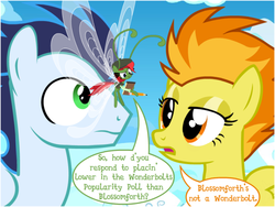 Size: 624x468 | Tagged: source needed, safe, artist:flash equestria photography, soarin', spitfire, oc, oc:golly g gosh, breezie, pegasus, pony, g4, antennae, beret, breezie oc, clothes, cloud, cross-eyed, dialogue, female, hat, implied blossomforth, insect wings, male, mare, notepad, pencil, speech bubble, stallion, trio, vest, wide eyes, wings