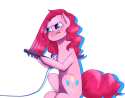 Size: 1024x804 | Tagged: safe, artist:sisitowe, pinkie pie, earth pony, pony, g4, female, hair straightener, mare, sitting, solo, tongue out
