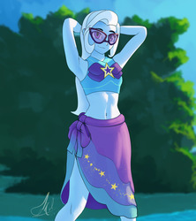 Size: 620x699 | Tagged: safe, artist:grissaecrim, trixie, equestria girls, equestria girls specials, g4, my little pony equestria girls: better together, my little pony equestria girls: forgotten friendship, adorasexy, arm behind head, armpits, belly button, bikini, clothes, cute, diatrixes, female, glasses, midriff, sarong, sexy, solo, sunglasses, swimsuit