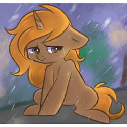 Size: 3000x3000 | Tagged: safe, artist:pesty_skillengton, oc, oc only, oc:slypai, pony, unicorn, crying, cute, feels, high res, hooves together, male, sad, sitting, slumped, solo, spread legs, spreading, stallion, weather, ych result