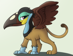 Size: 1187x909 | Tagged: safe, artist:whiskeypanda, derpibooru exclusive, oc, oc only, big cat, griffon, puma, toucan, toucan griffon, drawthread, female, green background, griffon oc, lidded eyes, looking at you, quadrupedal, simple background, smiling, solo, spread wings, wings, zoomorphic