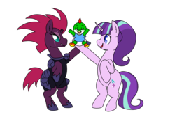 Size: 2800x1997 | Tagged: safe, artist:doodle noodle, fizzlepop berrytwist, starlight glimmer, tempest shadow, oc, oc:yosh-e-o, pony, unicorn, g4, armor, bipedal, broken horn, coping with limitations through ponies, duo, eye scar, female, horn, mare, raised hoof, s5 starlight, scar, simple background, transparent background