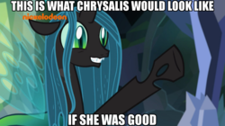 Size: 1024x573 | Tagged: safe, edit, edited screencap, screencap, ocellus, queen chrysalis, changedling, changeling, changeling queen, g4, season 8, what lies beneath, adorkable, caption, cute, cutealis, diaocelles, disguise, disguised changeling, dork, dorkalis, excited, fangs, female, floppy ears, grin, happy, image macro, implied chrysalis, mare, meme, meta, nickelodeon, nightmare cave, out of context, queen chrysellus, raised hoof, reformed, sharp teeth, silly, silly pony, smiling, solo, spread wings, squee, teeth, waving, what if, when she smiles, wings