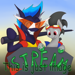 Size: 1000x1000 | Tagged: safe, artist:rubiont, oc, oc:change, oc:rubiont, changeling, earth pony, pony, changeling oc, clothes, cosplay, costume, drawing, glasses, goggles, livestream, pencil, size difference, streamers, tengen toppa gurren lagann, text