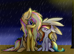 Size: 687x505 | Tagged: safe, artist:xxmelody-scribblexx, oc, oc only, oc:melody scribble, oc:spring splat, pegasus, pony, duo, female, looking at each other, mare, rain, wing umbrella