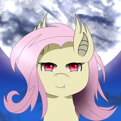 Size: 3000x3000 | Tagged: safe, artist:cocoapossibility, fluttershy, bat pony, pegasus, pony, vampire, vampony, g4, cloud, flutterbat, high res, moon, race swap