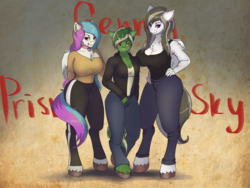 Size: 4104x3086 | Tagged: safe, artist:kittytitikitty, oc, oc only, oc:genny, oc:prism, oc:sky, pegasus, unicorn, anthro, unguligrade anthro, anthro oc, big breasts, breasts, commission, digital art, female, high res, mare, trio