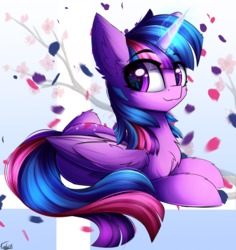 Size: 3386x3585 | Tagged: safe, artist:kaleido-art, twilight sparkle, alicorn, pony, g4, cherry blossoms, chest fluff, ear fluff, eyebrows, eyebrows visible through hair, female, flower, flower blossom, folded wings, high res, horn, lying down, magic, mare, prone, smiling, solo, tree, twilight sparkle (alicorn), wings