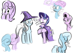 Size: 1748x1240 | Tagged: safe, artist:christheblue, starlight glimmer, trixie, pony, unicorn, g4, :p, accessory swap, beanie, cape, chest fluff, clothes, cup, cute, diatrixes, eyes closed, female, glimmerbetes, hat, kissing, lesbian, mare, monochrome, ship:startrix, shipping, silly, simple background, sketch, stern, teacup, tongue out, trixie's cape, trixie's hat, white background